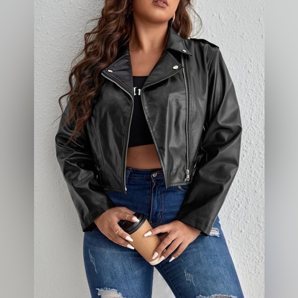 New! Black Faux Leather Motorcycle Zippered Cropped Moto Jacket Size 1XL